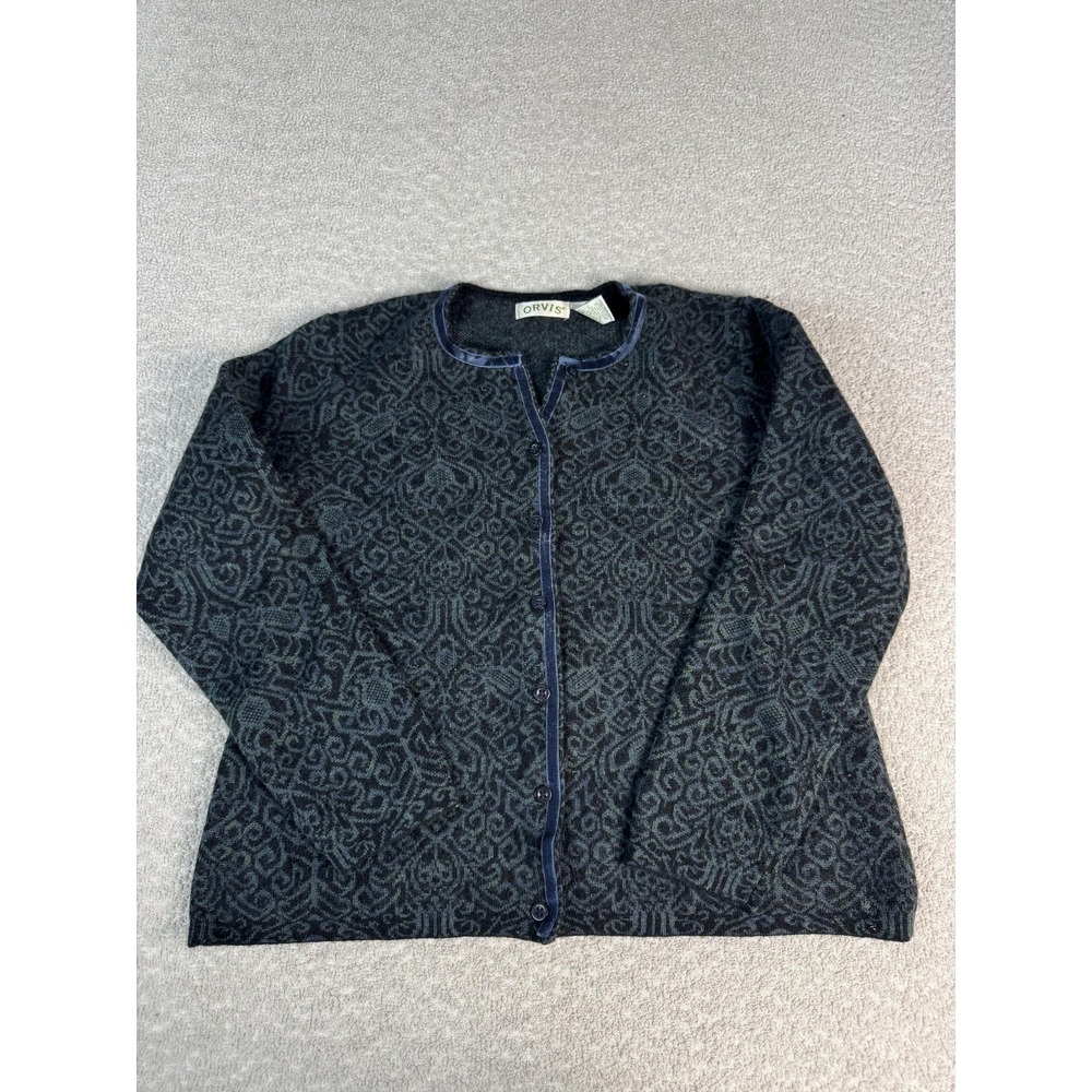 Orvis Cardigan Sweater Womens Large Blue Wool Blend Geometric Knit Button Front
